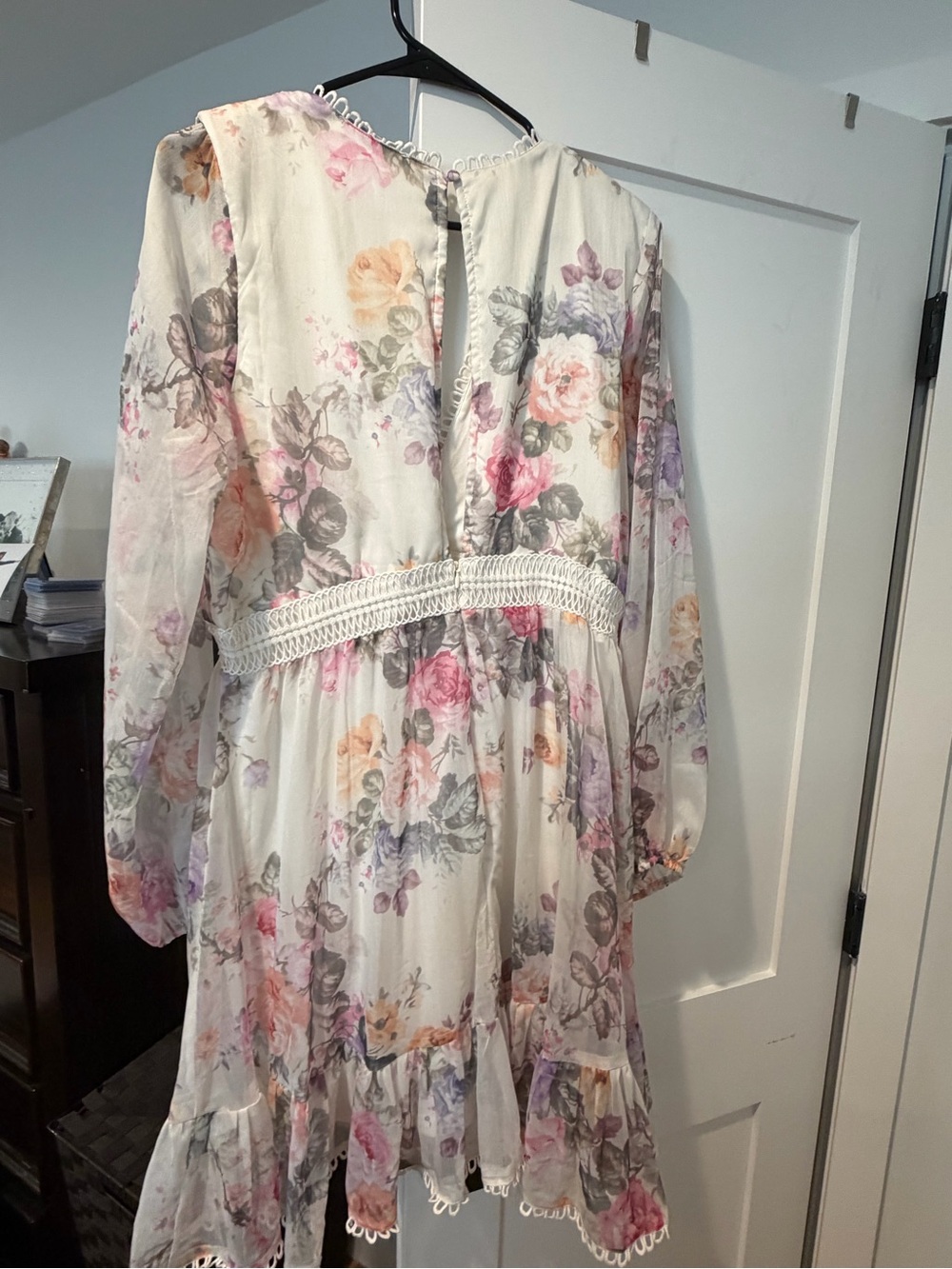 Lulu's White Floral Long-Sleeve Lace-Trim Dress - Picture 5 of 6